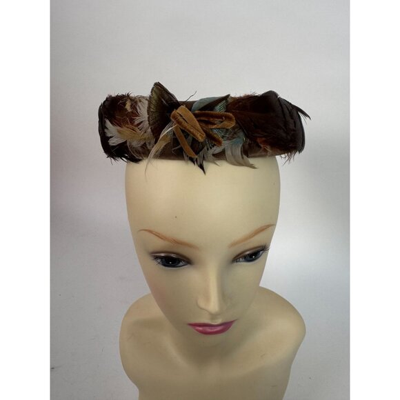 Vintage Feathered Fascinator Hat Brown & Beige Woven Design Womens Accessory Ele - Picture 5 of 14